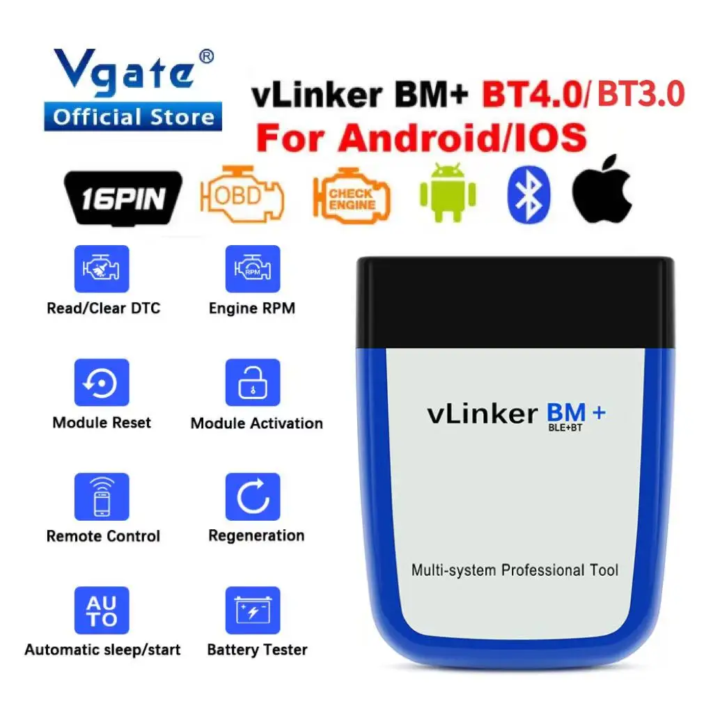 

Vgate vLinker BM+ ELM327 BimmerCode BimmerLink Auto Code Reader Diagnostic Tool Car Scanner ELM327 V1.5 OBD2 Bluetooth 4.0/3.0