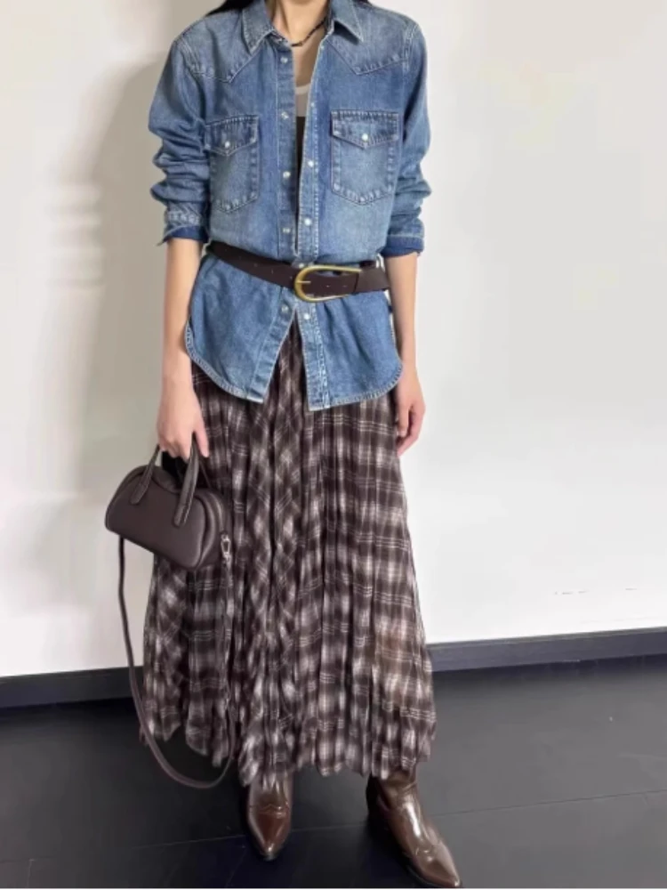 

Autumn Vintage Plaid Skirt for Women High-end Sense Big Pendulum High Waist A Line Maxi Long Skirts