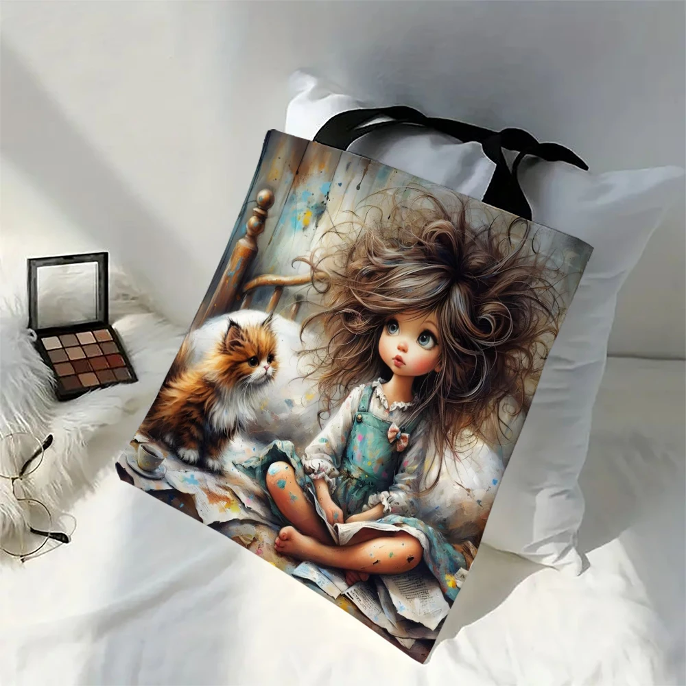 1pc Cute Cartoon Girl Design Schoolbags Student Gift  Women's Handheld Shoulder Bag Eco Foldable Reusable Shopping Bag 30x35cm