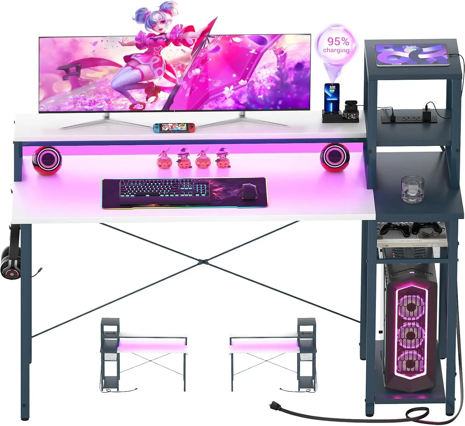 2024 Upgrade Gaming Desk with LED Lights, Computer Desk with Long Monitor Stand, 40
