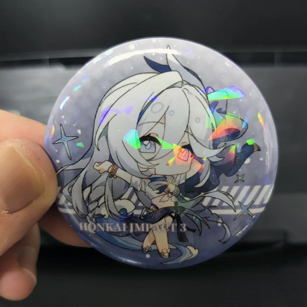 Honkai Impact 3 Anime Figures Elysia Raiden Mei Cosplay Metal Laser Badge Bronya Zaychik Character Cute Bag Decor Pins Xmas Gift