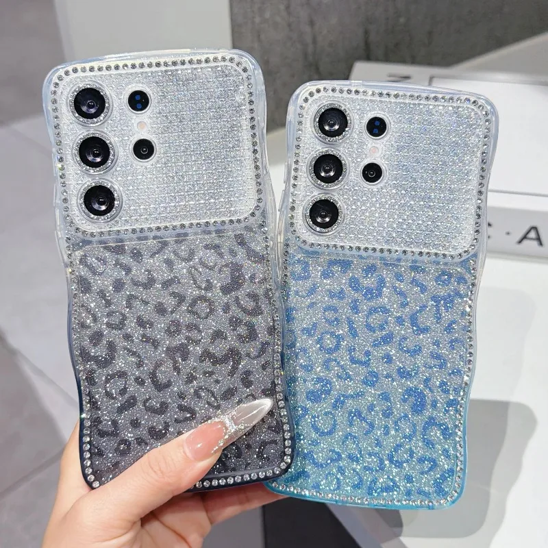 For Samsung Galaxy S26 Ultra S25 S24 Plus Wave Diamond Frame Gradient Glitter Leopard Print Phone Case Lens Protection Cover