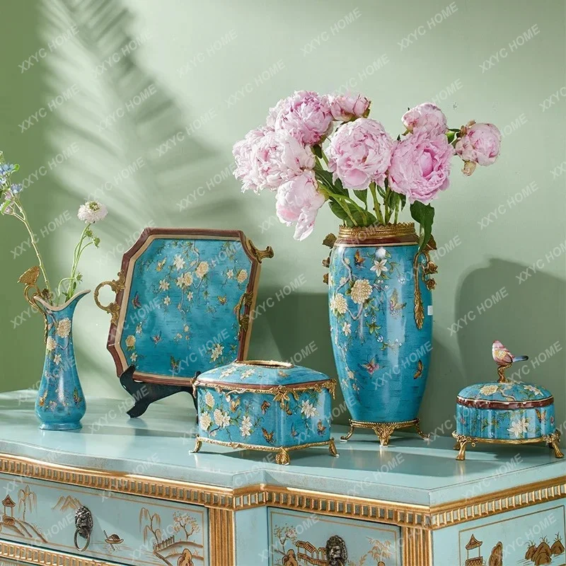 X35 Retro Ceramic Ornaments, High-end Jewelry, Chinese Style Home Furnishing Copper With Porcelain Vase, High-end Entrance