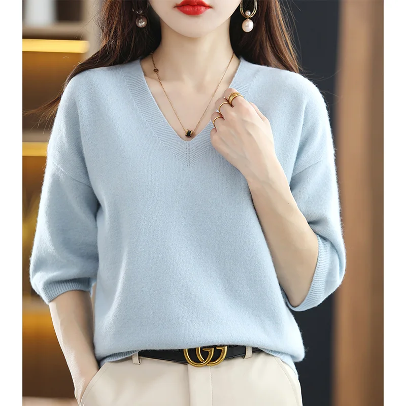 2024V-Neck Sweater Women Knit Short-Sleeve 100%Wool T-Shirt Summer New Pullovers Loose Thin Cashmere Solid Base Shirt Female Top