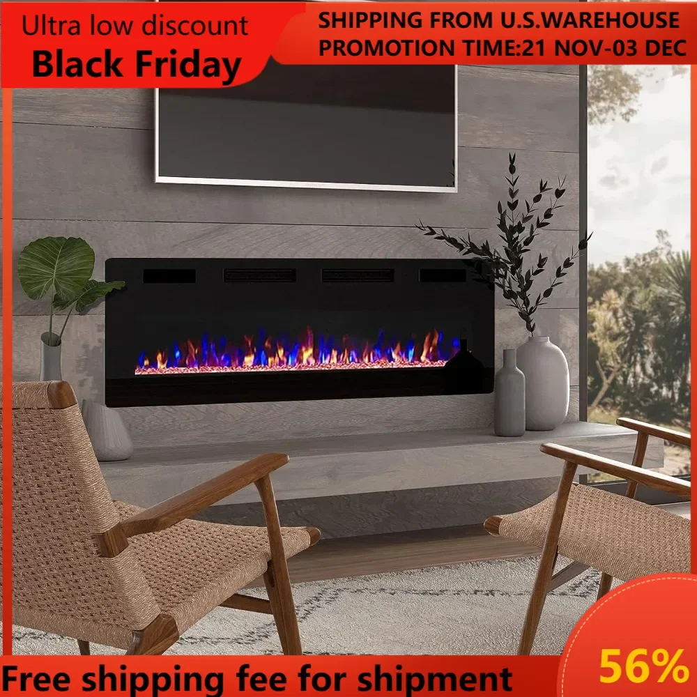 Ultra-Thin Silence Linear Electric Fireplace, Recessed Wall Mounted Fireplace, Fit for 2 x 4 and 2 x 6 Stud, 12 Adjustable Flame