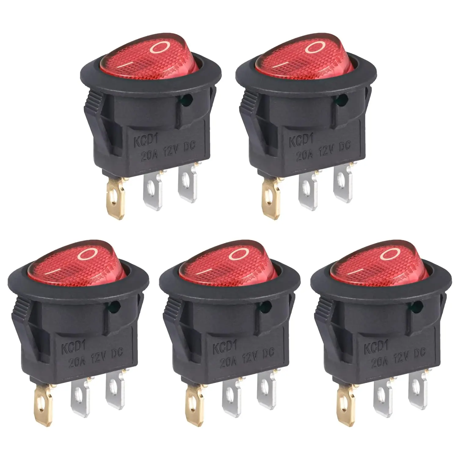5PCS KCD1 On/Off 3-Pin 2-Position Snap 20A 12V Red LED Round Boat Rocker Switch with LED For Househeld DIY Replacement