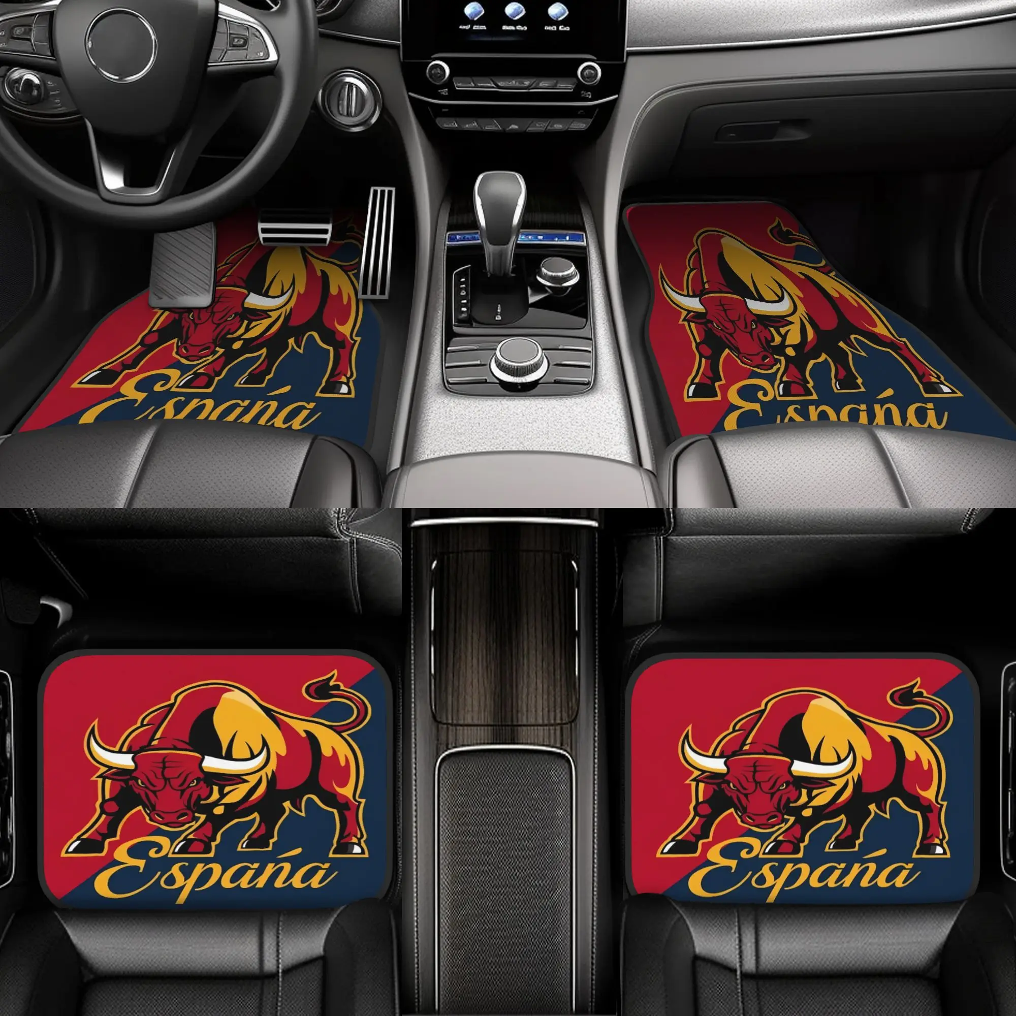 Set Of 4 Car Floor Mats Featuring A Striking Bull Design With The Colors Of The Spanish Flag. Made From Durable Polyester Fiber,