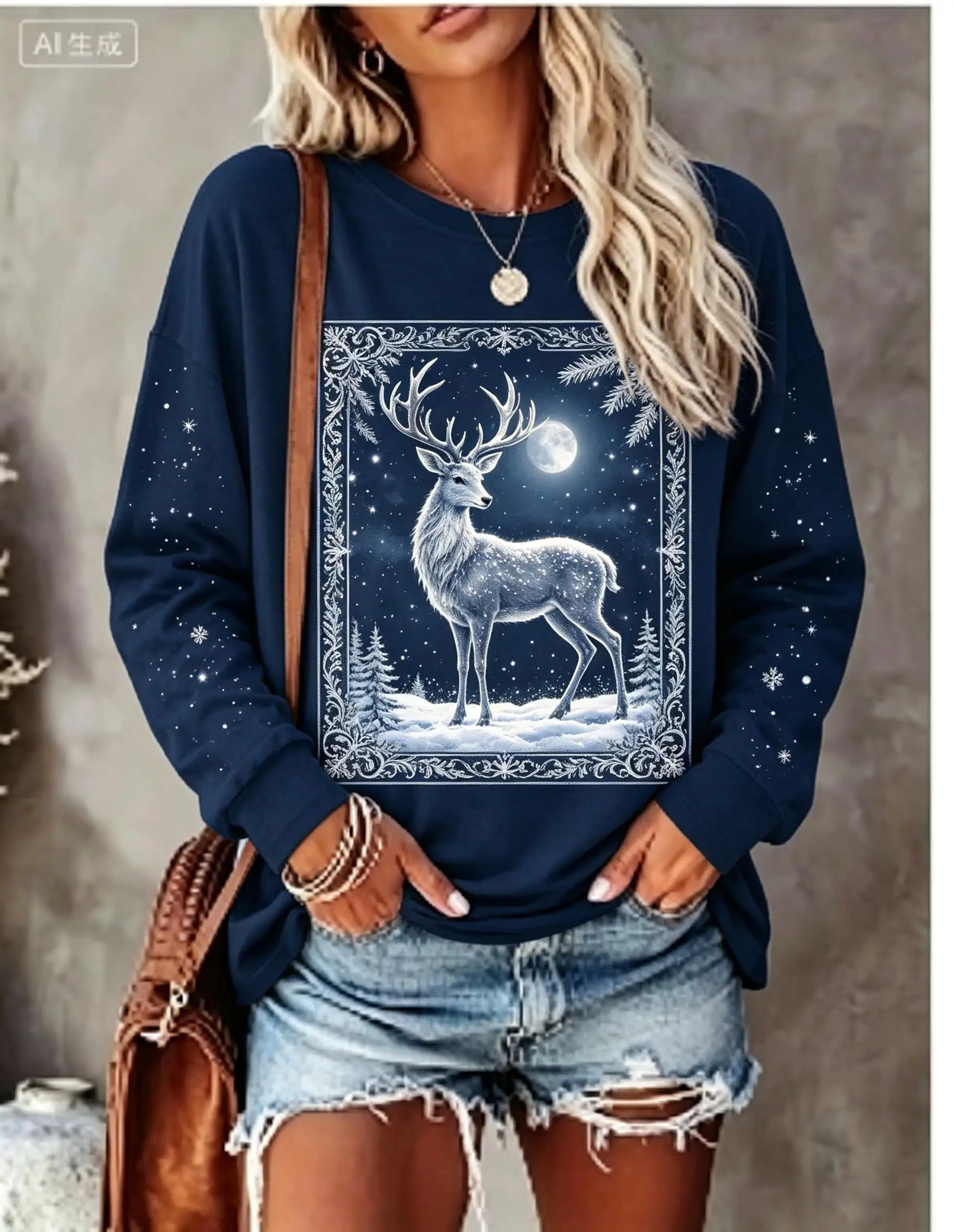 Women Christmas Long Sleeve T‑Shirt Reindeer Moon Snowflake Winter Forest Print Crew Neck Casual Tops