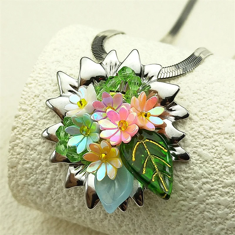 

Fashion Glass Colorful Flower Cluster Stainless Steel Pendant Necklaces Women Crystal Choker Chain Party Birthday Gifts Jewelry