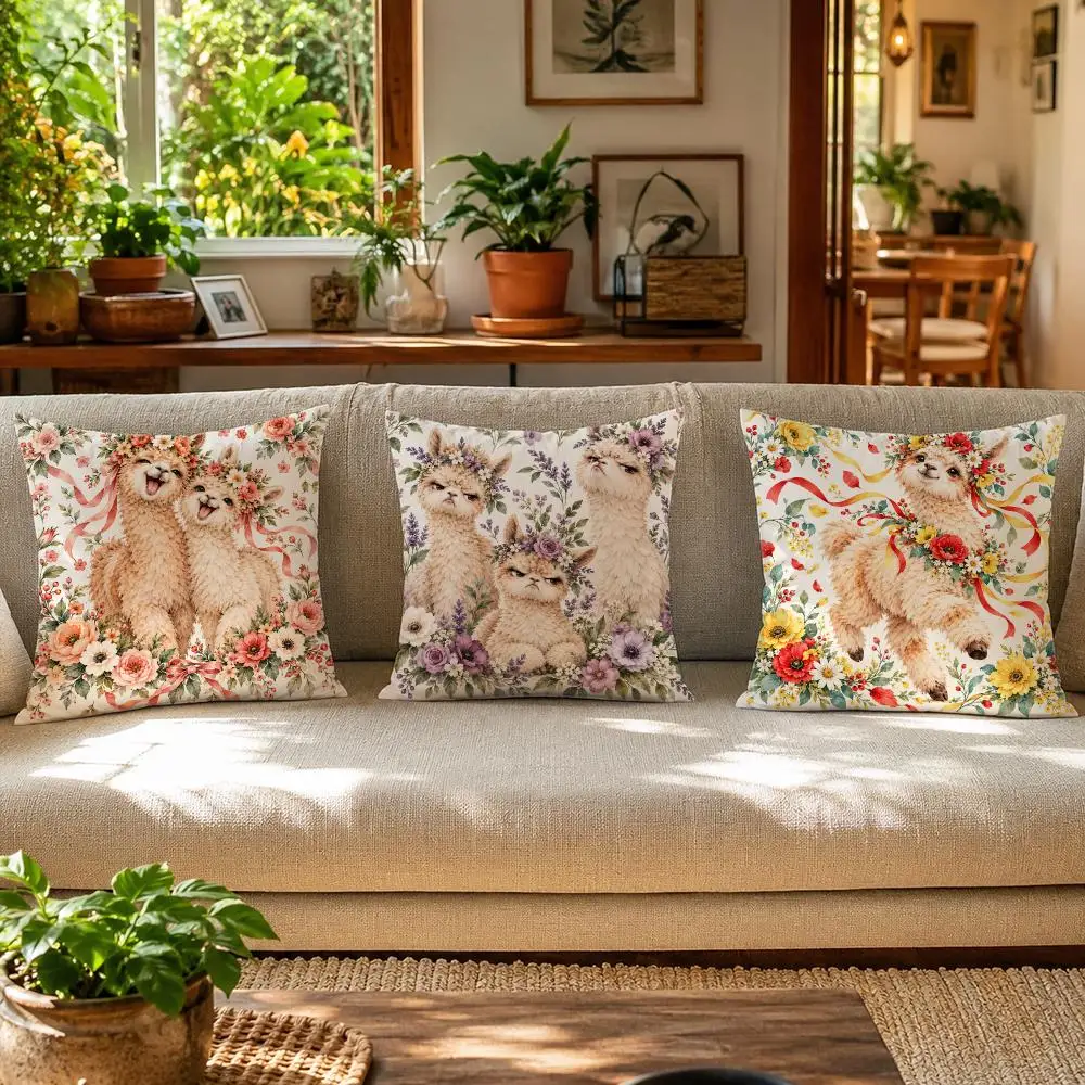 Alpaca Flower Crown Cushion Cover Skin-Friendly Organic Linen Pillow Cover Durable Hypoallergenic Washable Soft
