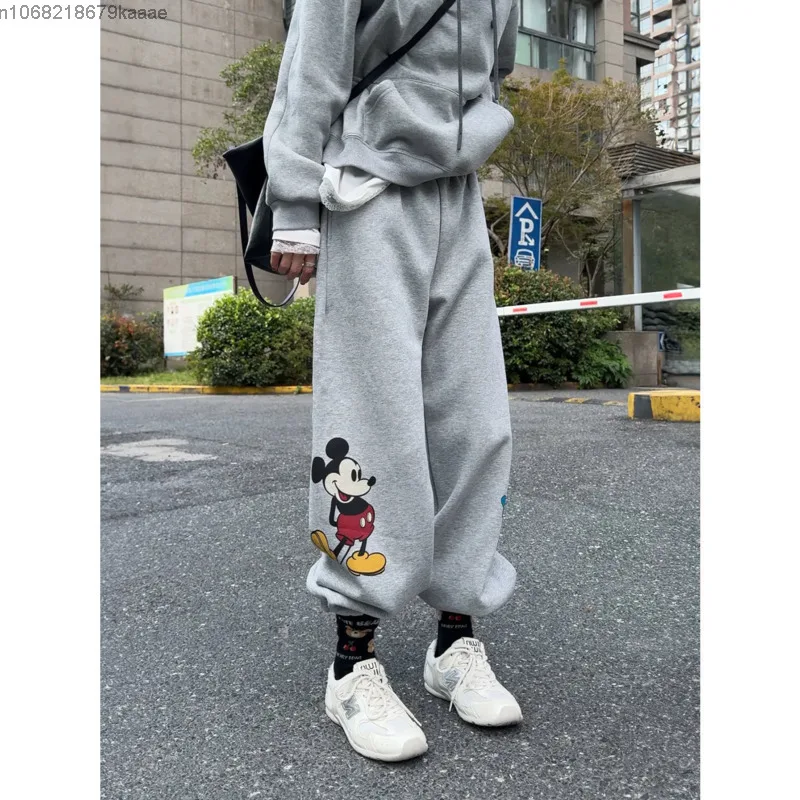 Disney Mickey Cute Cartoon Print New Thick Pants For Women's Loose Casual High Waist Straight Leg Pants Wide Leg Sports Trousers