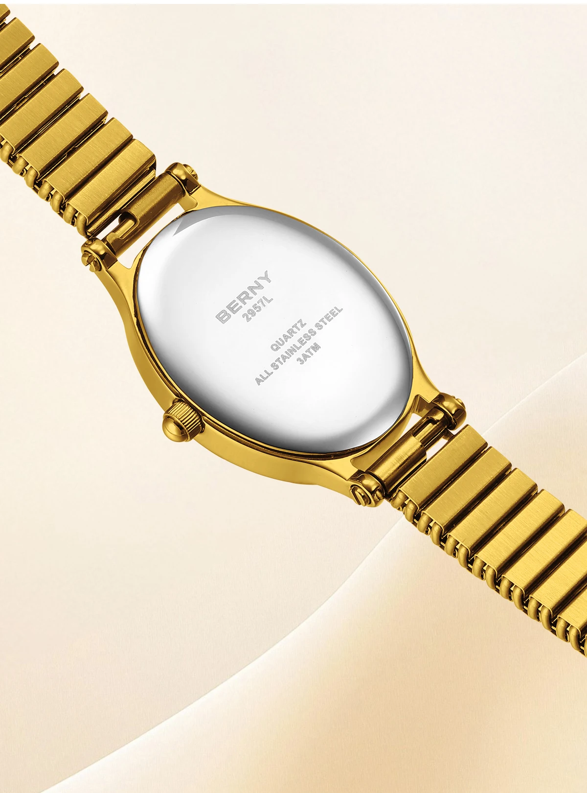 BERNY Goldene Uhren für Damen, luxuriöses goldenes elastisches Armband, elegante, leicht ablesbare Damenuhr, Stretch-Armband, Kleiderarmbanduhr – Detail 7