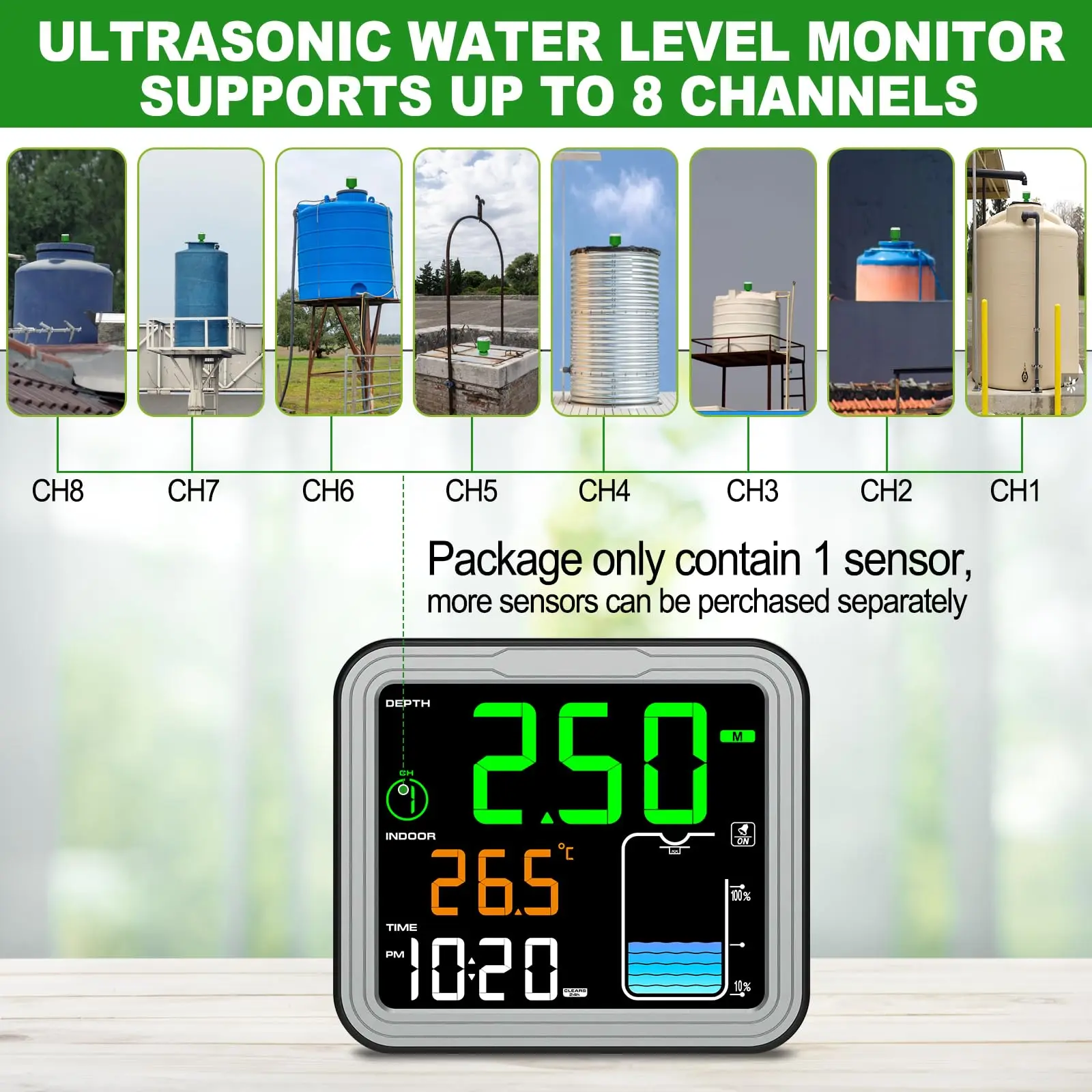 MASTFUYI 초음파 무선 수위 측정기 100M 범위 온도 센서 시간 표시 및 배터리 부족 경보 탱크 액체 모니터