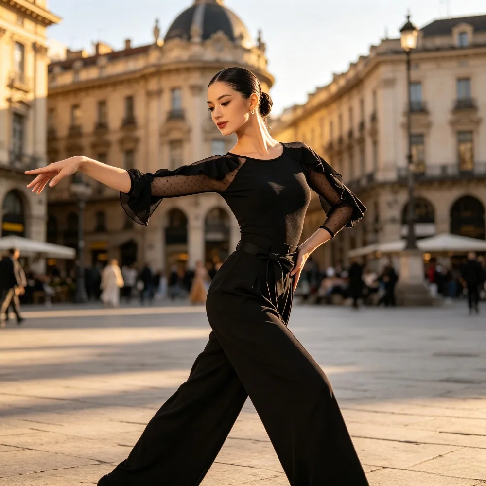 

Stylish Mesh Neck Latin Dance Top, Modern Dance Costume for Women, Ballroom Apparel for Daily Training & Pro Latin Competition