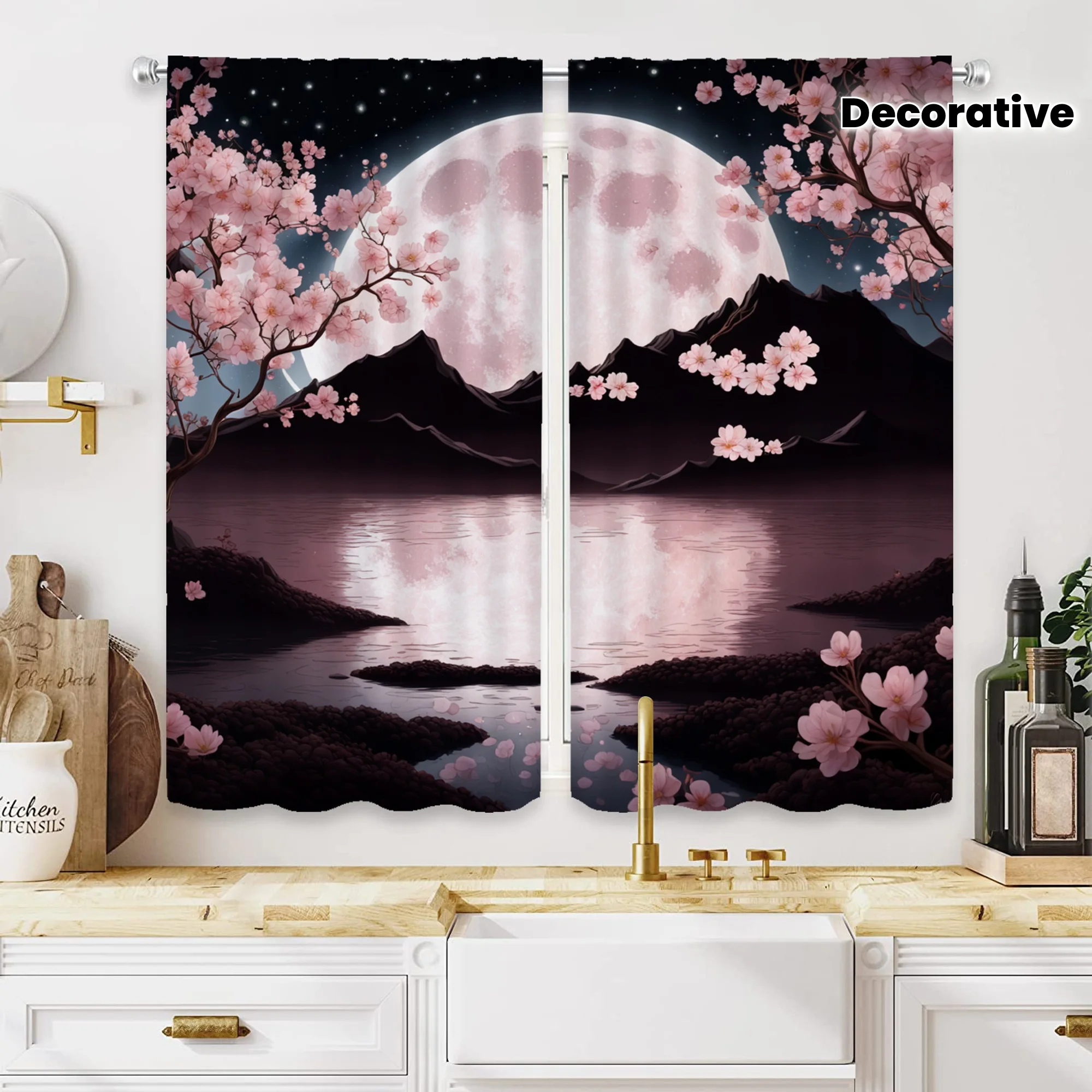 2PC Black & Pink Sakura Full Moon Sheer Curtains – HD Print, Carnival Theme for Living Room, Bedroom, Study – Round Pocket Top