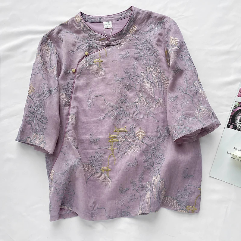 

Elegant New Chinese Style Embroidered Flax Shirt Women's Design Collar Side Button mid Sleeve Top Cotton Material