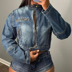 Tracksuit Matching Sets Sexy Denim Spliced Shorts Long Sleeve Zipper Distressed Washed Jackets Short Sets Skinny Streetwear