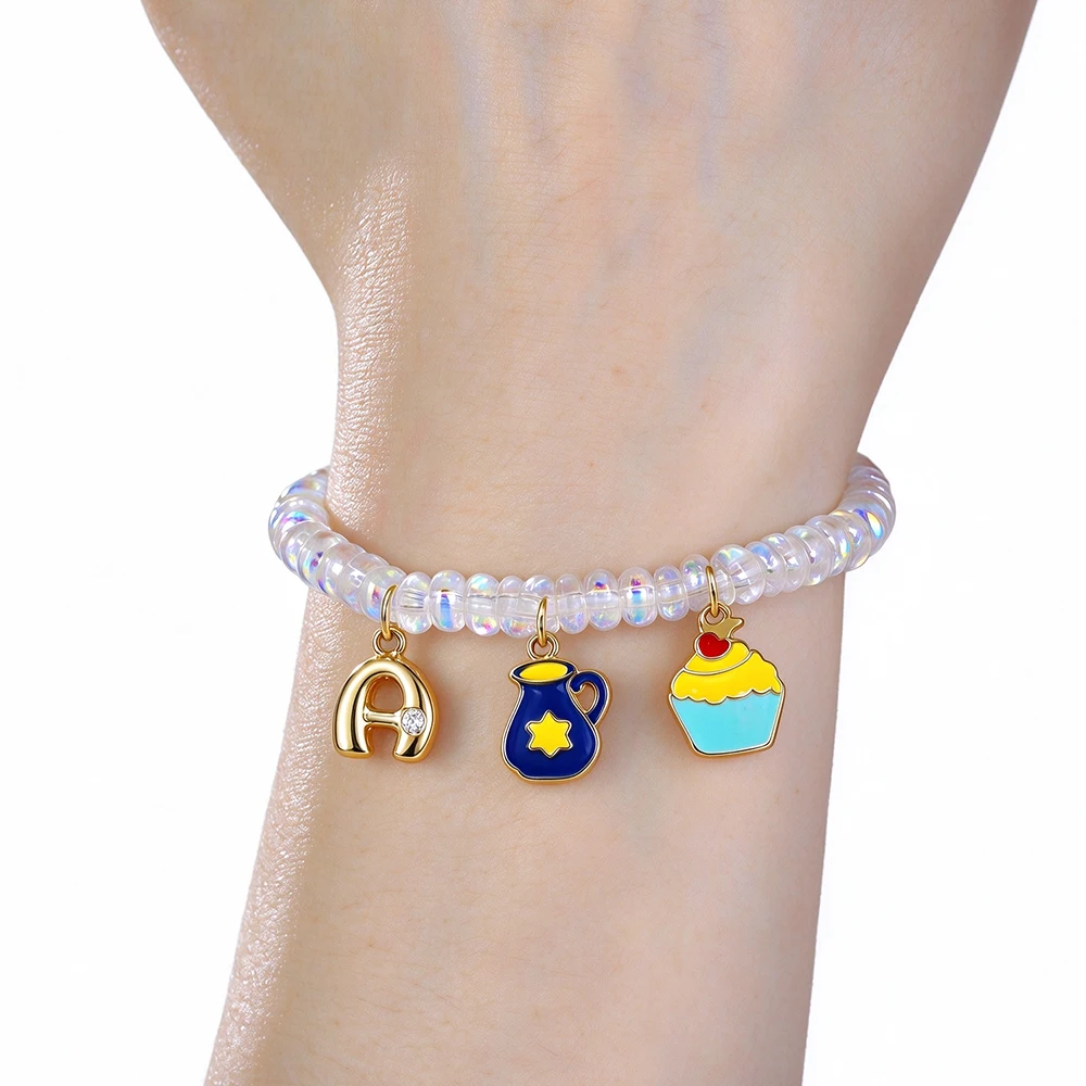 Hanukkah Charm Beaded Stretch Bracelet Synthetic Opal Beads Bracelet A‑Z Initial Letter Oil Jug Cupcake Charms Festival Jewelry