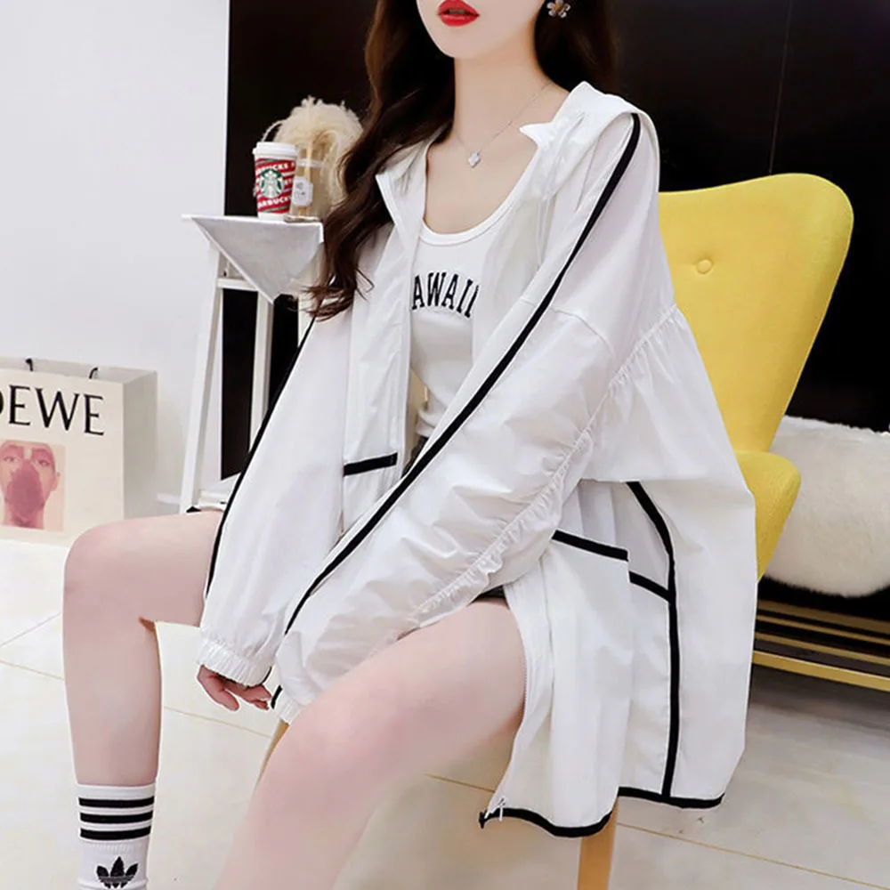 Fashion Design White Black Sunscreen Clothing Women's Summer Jacket UV Protection Ice Silk Breathable Thin Hooded Casual Coat