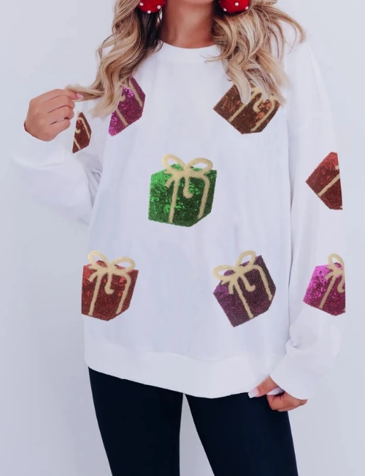 

Women's Christmas Sweatshirt 2025 Autumn Winter Latest Christmas Gift Sequins Embroidered Hoodie Round Neck Loose Fit Hoodie Top