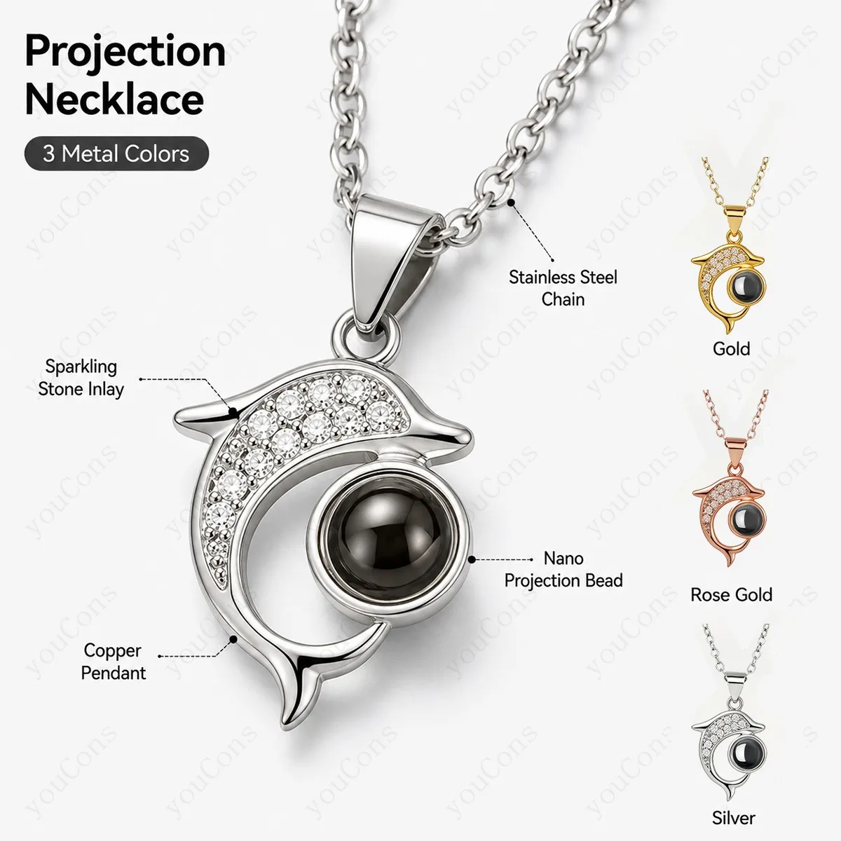 100 Languages I Love You Projection Necklace Dolphin Pendant With Multi Color Rose Gift Box Valentine's Day Birthday For Women