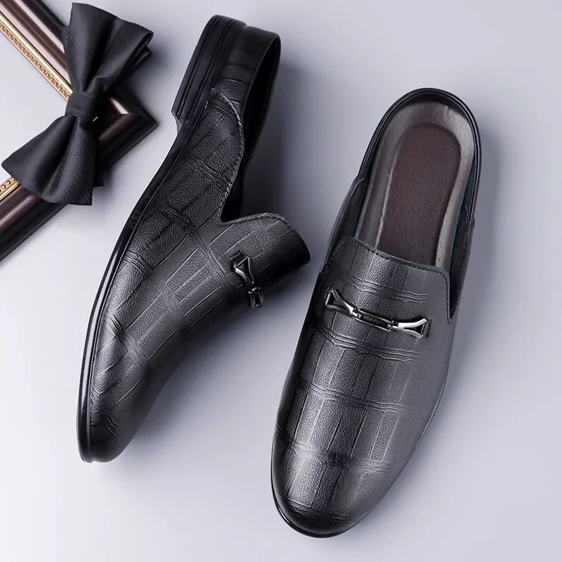 Luxury Brand Half Drag Casual Sandals Shoes Men Slippers Genuine Leather Loafers Lazy Penny Shoes High Quality Slip on Mens Shoe