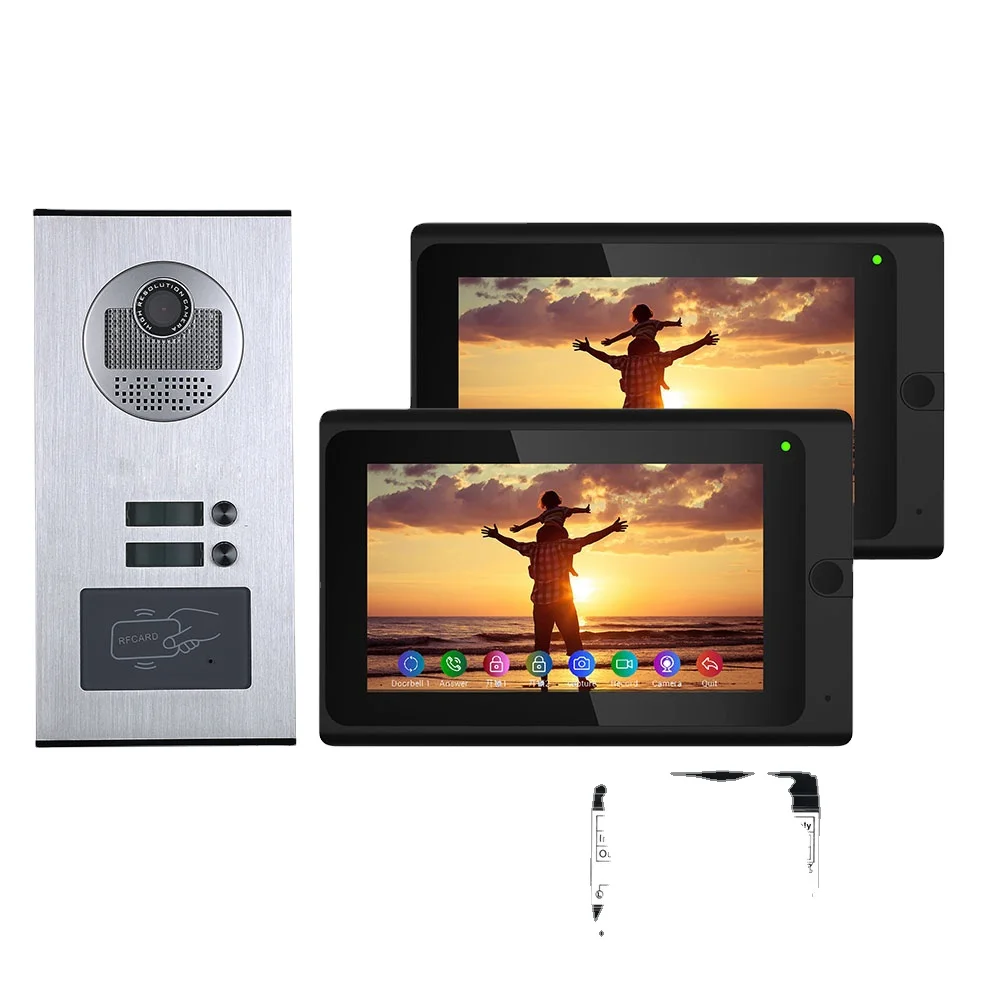 Kit de sistemas de intercomunicación para teléfono y puerta, WIFI con cable, 7 pulgadas, BUS, 2 cables, para el hogar, 2 unidades, apartamento, visión nocturna, compatible con aplicación remota