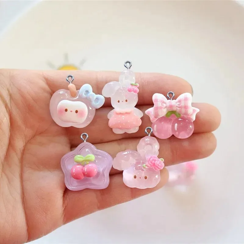10Pcs Kawaii Cartoon Cherry Rabbit Resin Charms Cute Animal Pendants DIY Craft Accessories for Earrings Necklaces Keychain