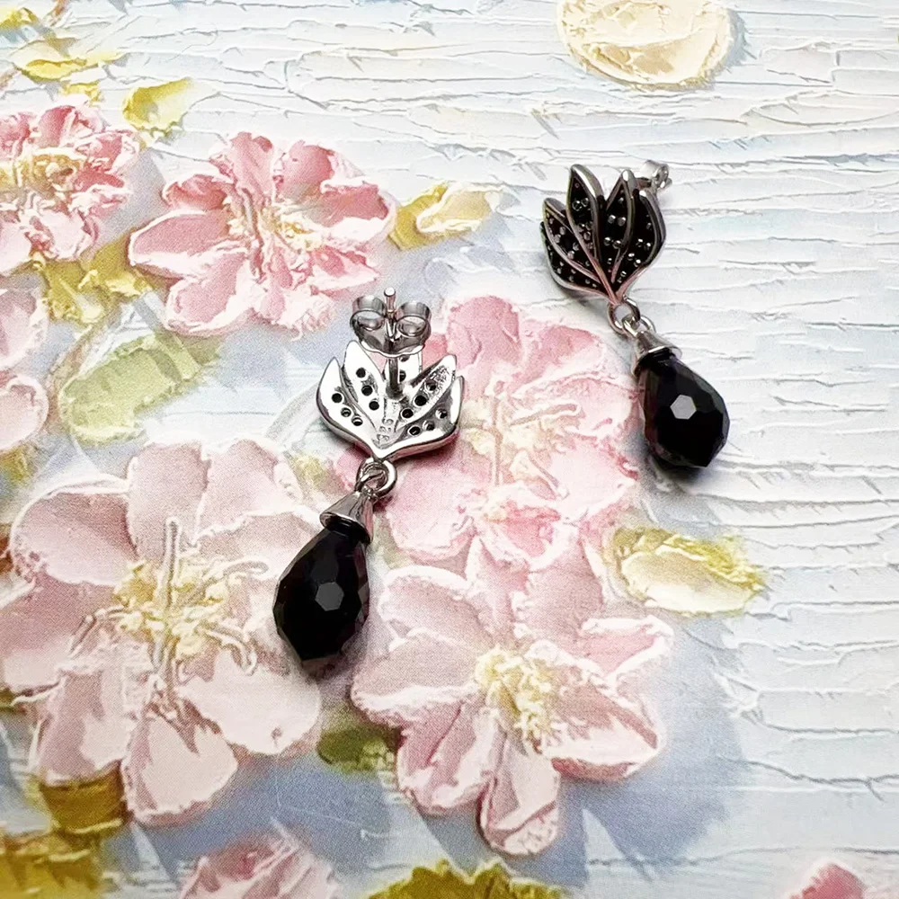 Ohrringe, schwarzes Flammen-Design, Wassertropfen, neu, Vintage-Stil, 925er Sterlingsilber, Geschenk für Frauen, hochwertiger edler Schmuck – Detail 5