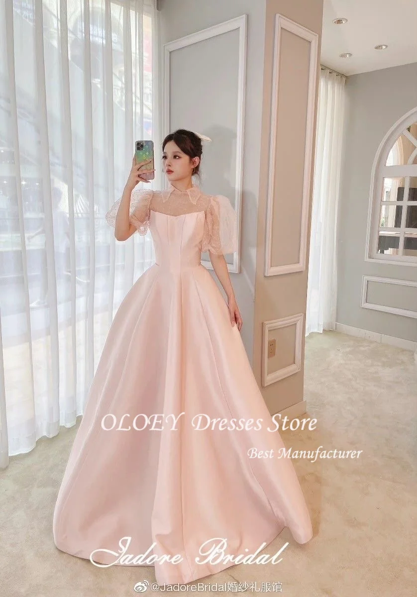 OLOEY Light Pink Korean Wedding Dresses Party Gown Customized A Line Puff Sleeves Corset Back Prom Dress Evening Gown
