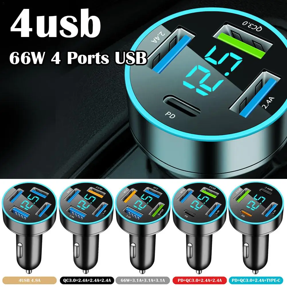 66W 4 Ports USB Car Charger Fast Charging PD Quick Charge 3.0 USB C Car Phone Charger Adapter For IPhone 14 13 