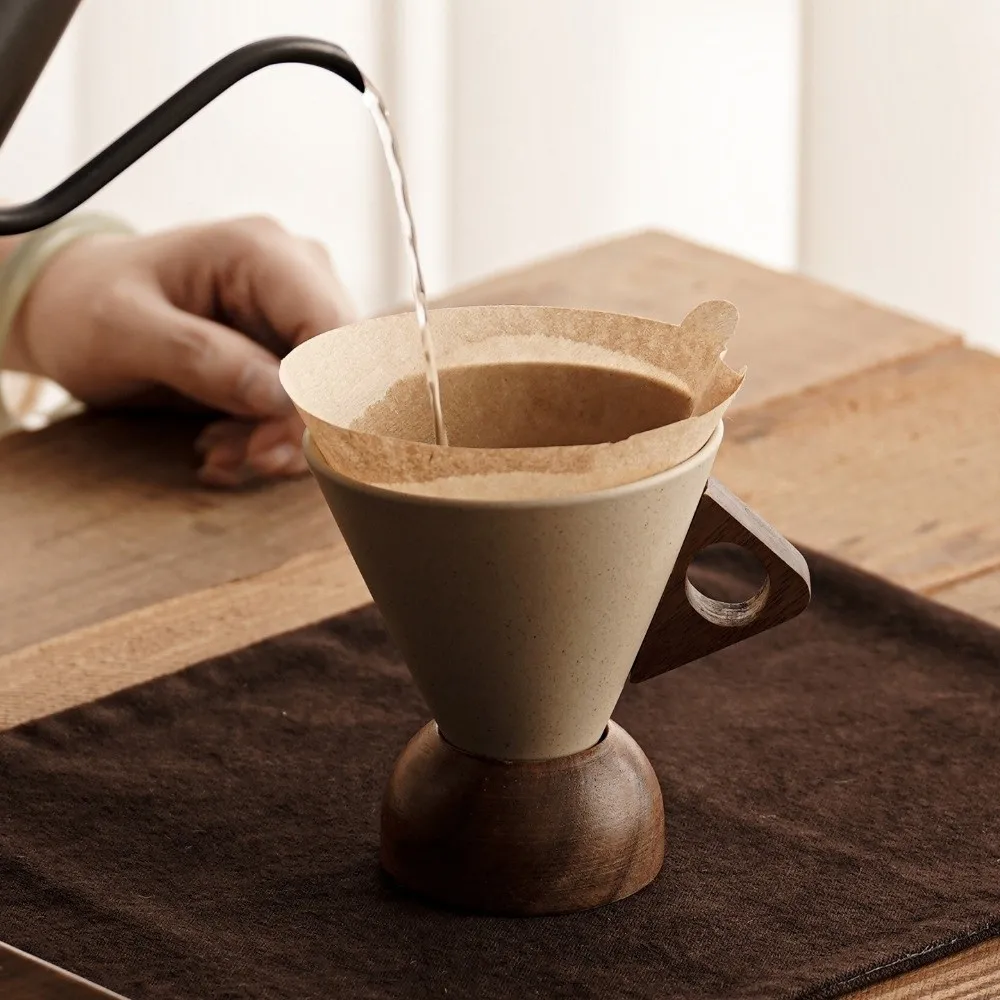 Coarse Ceramic Triangular Cone Cup Retro Style Wooden Base Vintage Pottery Mug Tea Cup Handmade Funnel Coffee Mug Gift Giving