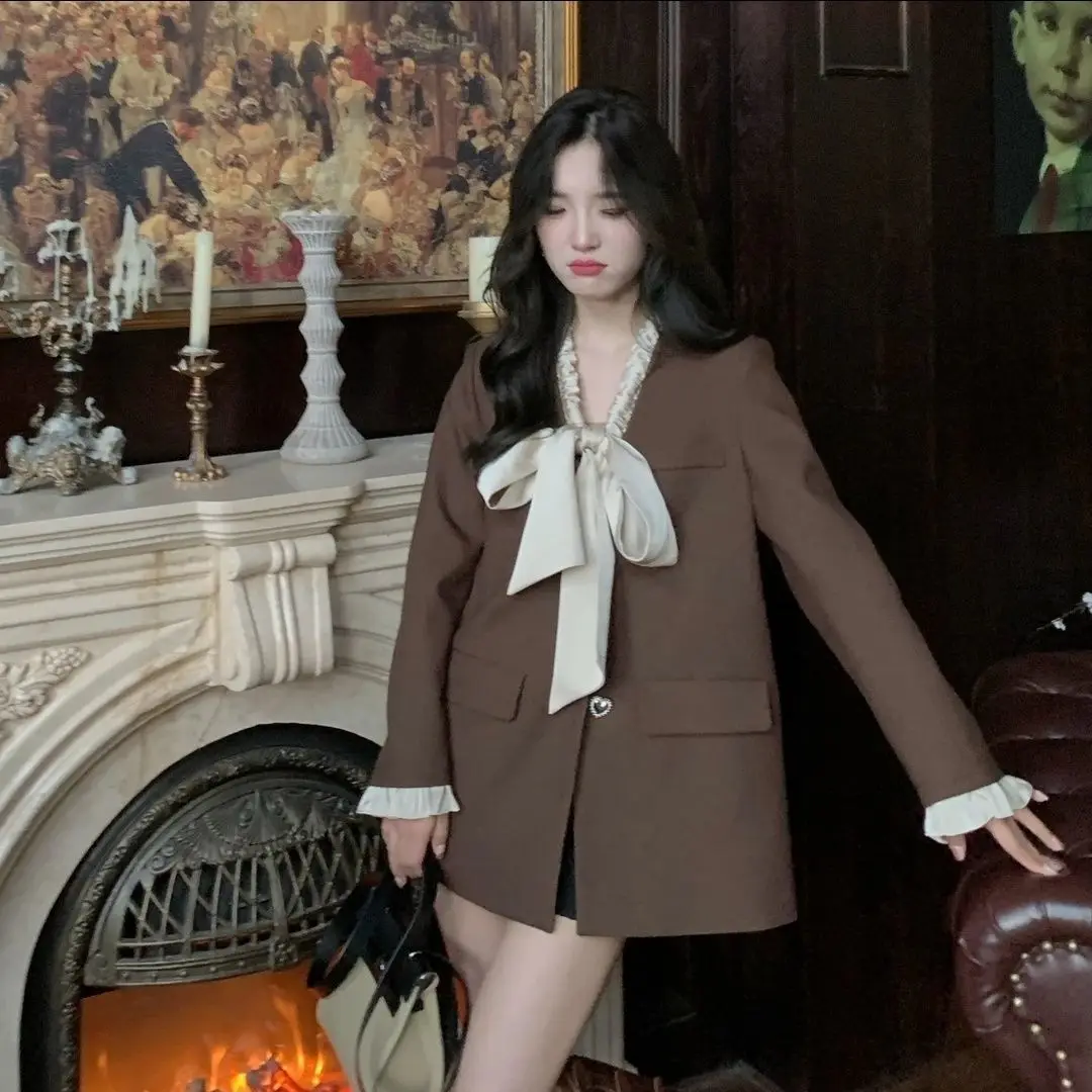 Abbigliamento donna Trend 2025 Blazer Donna Raso Rotondo Per il tempo libero Splicing Autunno Inverno Gessato Spalla imbottita in pizzo Denim Patchwork