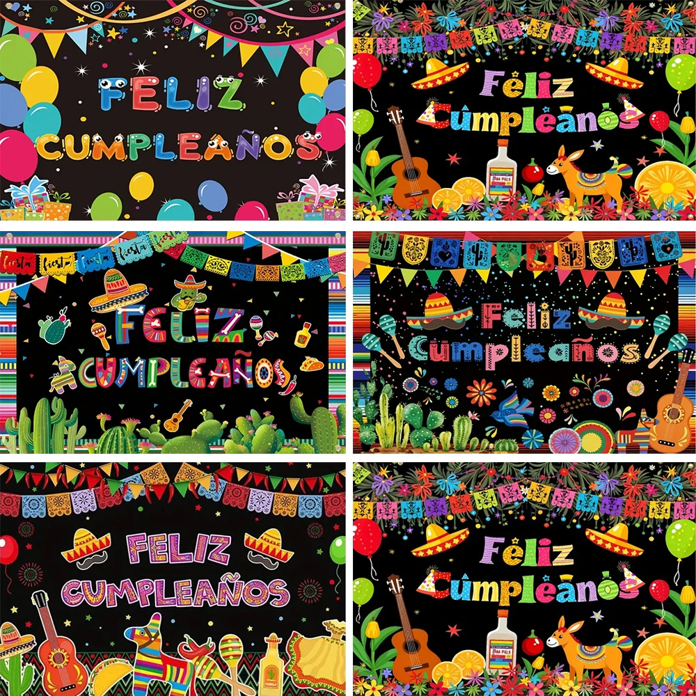 

Spanish Happy Birthday Backdrop Mexican Party Decoration Supplies Cartoon Cactus Balloon Carnival Photography Background Banner