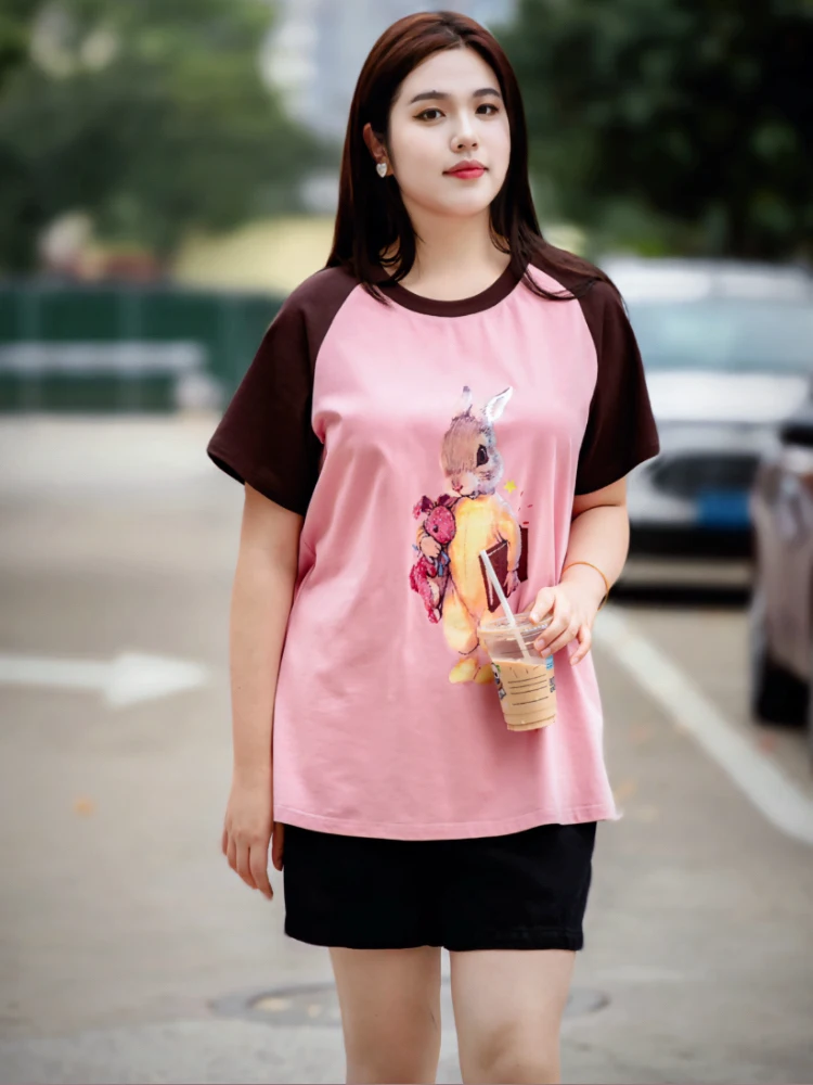 

plus Size Women's Cotton Rabbit Short Sleeve T-Shirt Dust-Free Color Block April 9th Spring Summer Casual round Neck Top