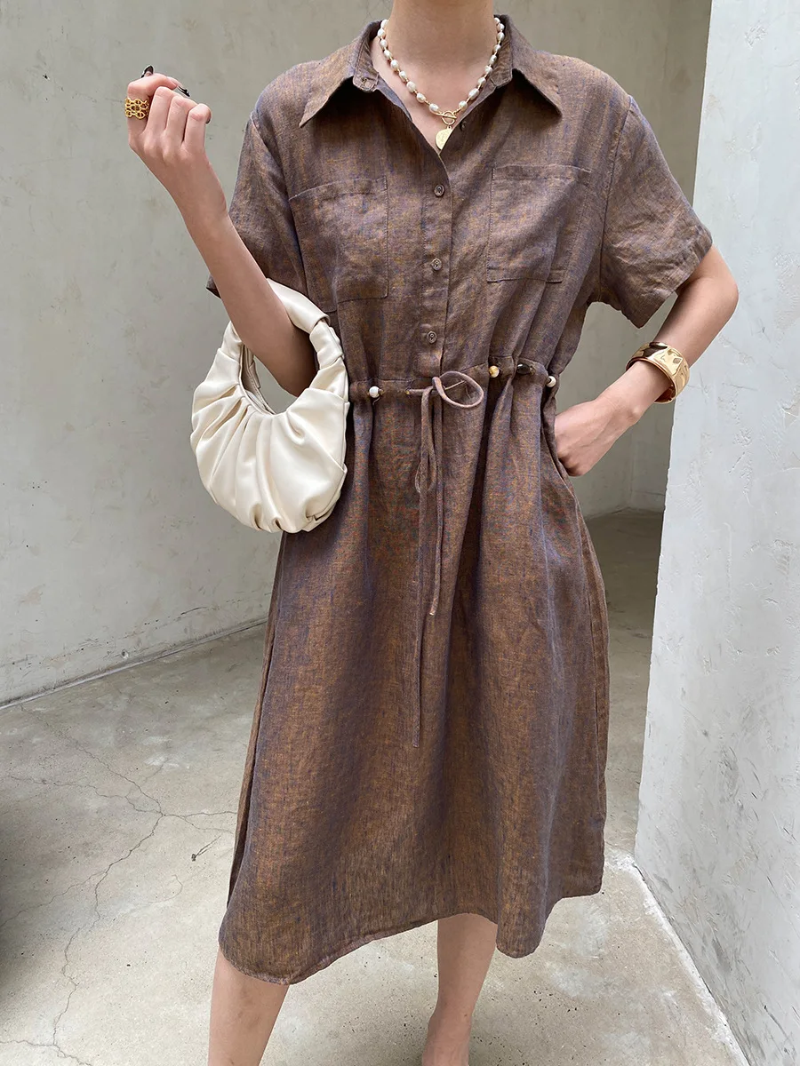 Sommerliches Damen-Freizeitkleid in Uni-Farbe mit Perlenbesatz, Kordelzug und tailliertem Schnitt – Detail 23