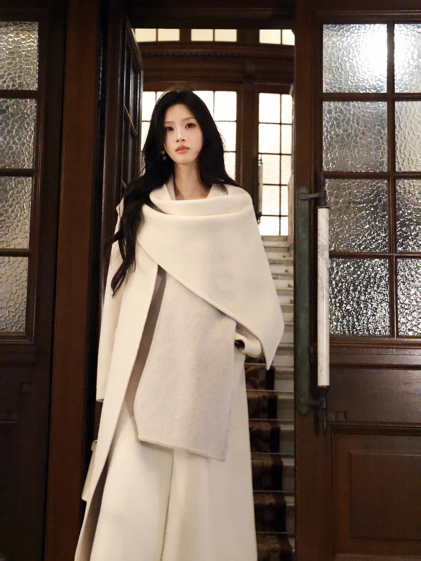 

Korean Sle Women's Long Coat Woolen Scarf Collar Ele Commute Winter Outerwear Regular Sve Long Sve Pure Color