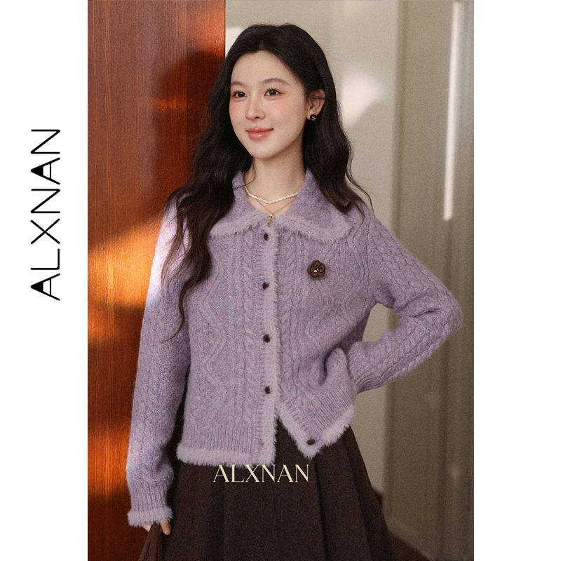 

ALXNAN Purple Knit Cardigan Women 2026 Spring Furry Trim Lapel Long Sleeve Sweater Elegant Casual Ladies Tops with Brooch L60815