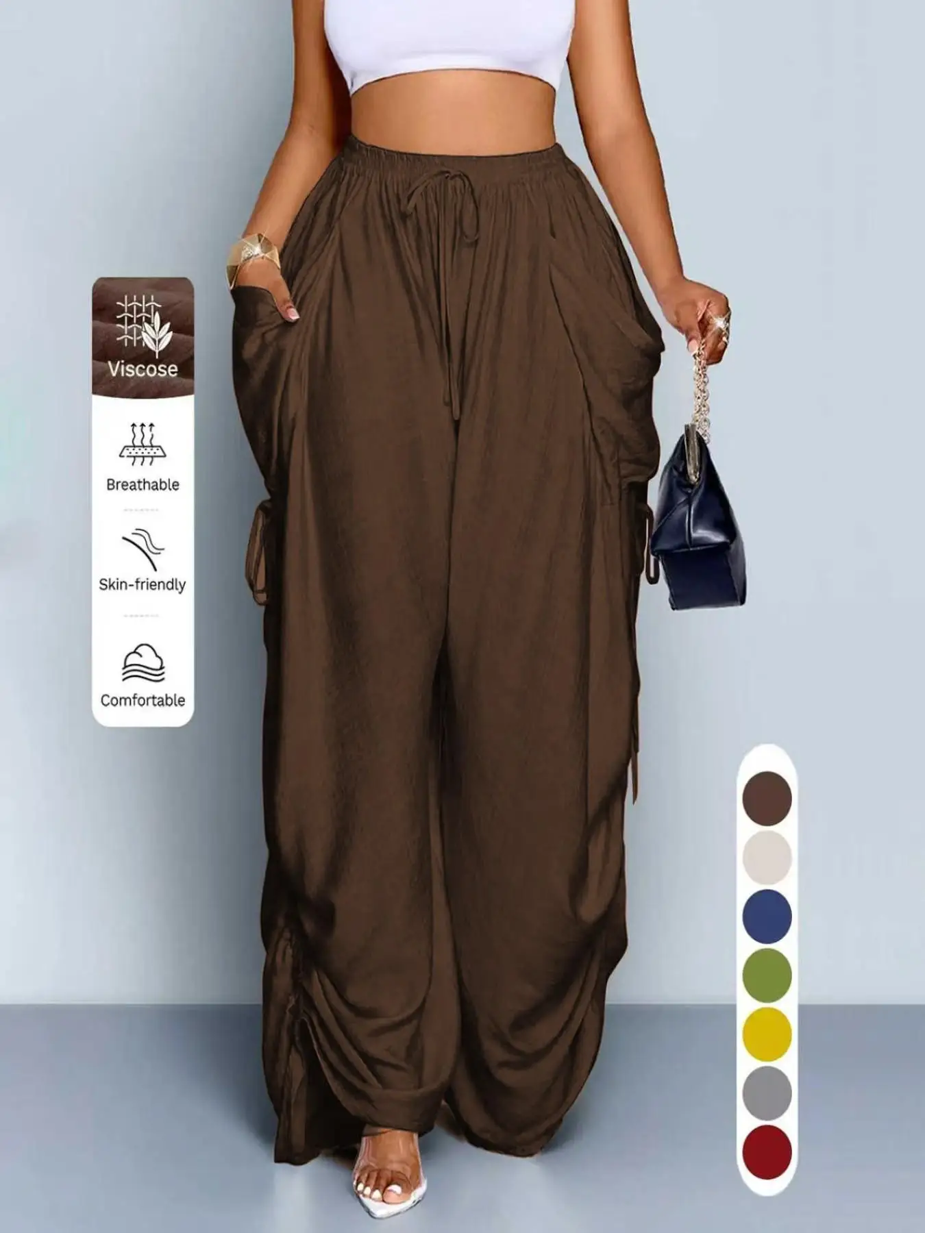 Women's brown mid-rise pleated cargo pants, casual drawstring wide-leg pants, with pockets