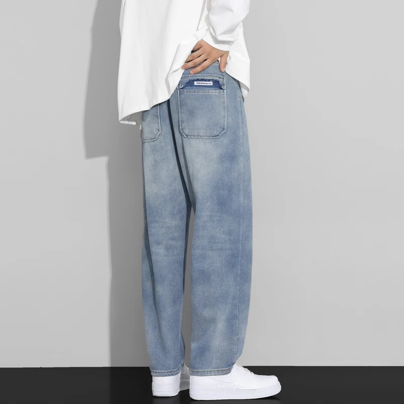 개인화 된 포켓 빈티지 청바지 남성 패션 성격 느슨한 바지 한국 캐주얼 스트레이트 데님 바지 남성 가을 의류