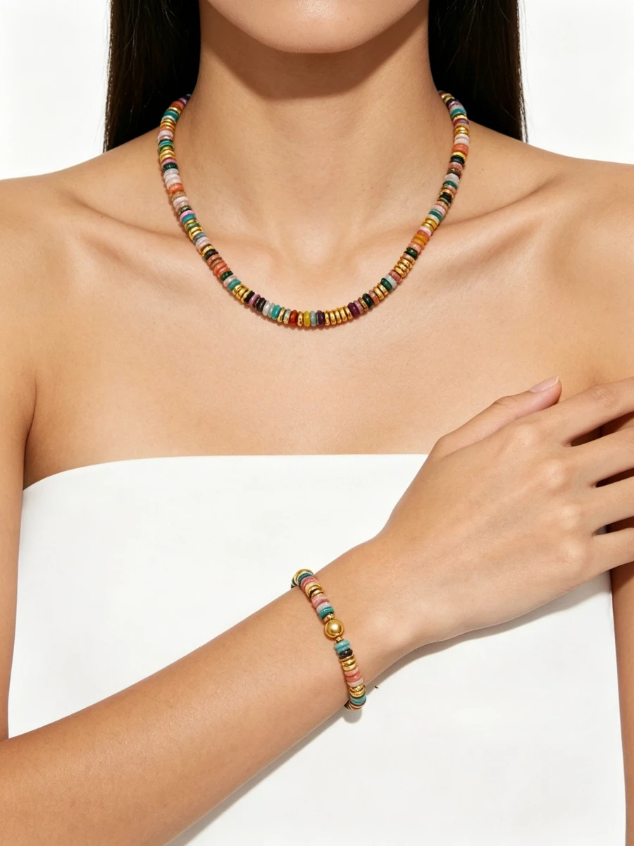 

Handmade chain with colorful natural stone beads, Y2K stylish stainless steel waterproof choker necklace, jewelry gift for women