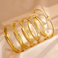 Titanium Steel Stacked Bracelet Couple's Shiny Zircon Inlaid Stainless Steel Bangles Gold Color Female Jewelry Gift - Image 3