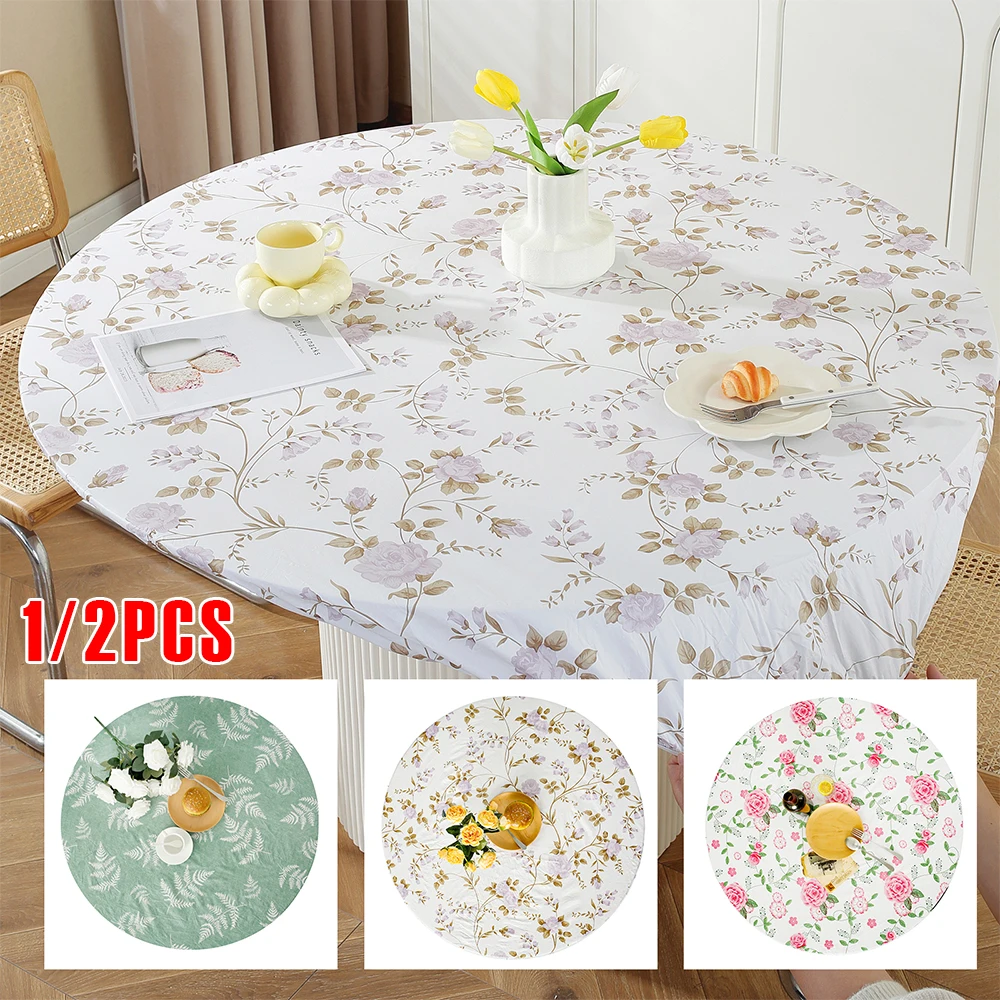 1/2Pcs Round Elastic Table Cover Enduring Vinyl Fitted Tablecloth with Flannel Backing Reusable Table Cloth for Dinner Outdoor