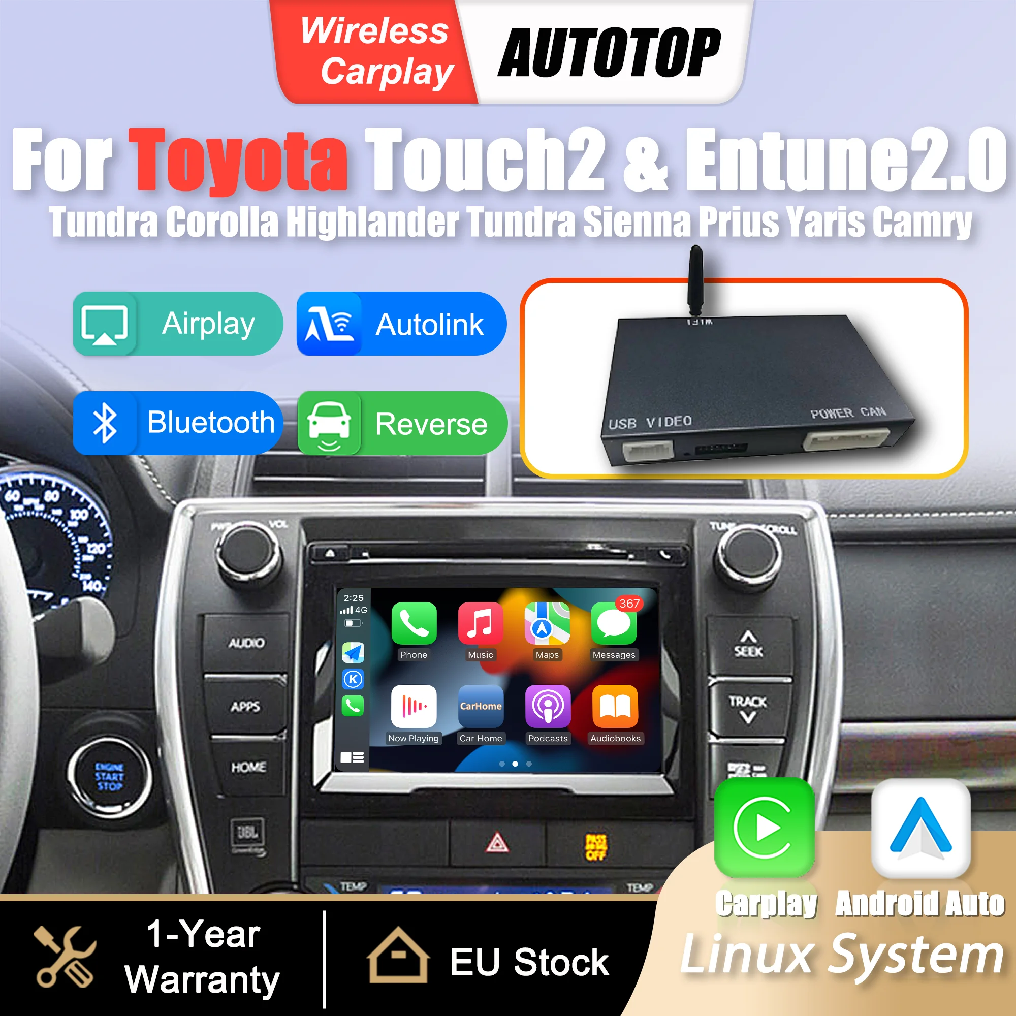 Boîtier adaptateur d'interface sans fil CarPlay Android Auto pour Toyota Touch2 & Entune2.0 Tundra Corolla Highlander Tundra Sienna Prius Yaris Camry Mirror Link Airplay BT Module de navigation GPS