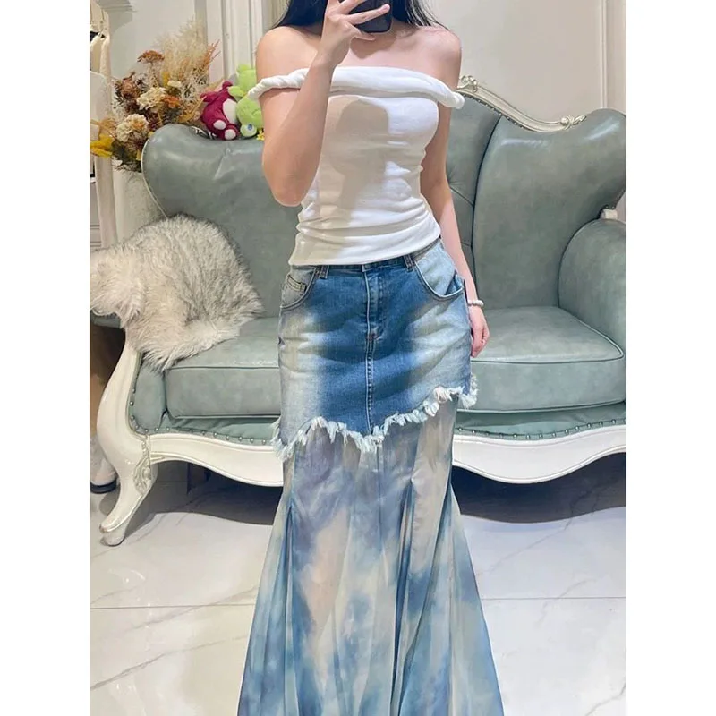 

2024 New Ladies Denim Stitching Mesh Big Swing Long Skirt Huge Slim White Temperament Elegant Fashion Ladies Fishtail Pocket Ski