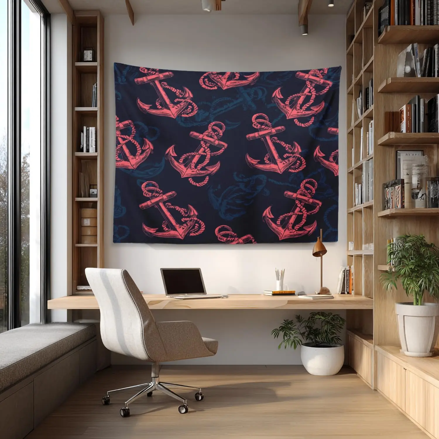 Nautical Anchor Tapestry Wall Hanging Sea Decor Boho Coastal Maritime Ship Theme Banner Vintage Navy Lights Pirate Room Tapestry