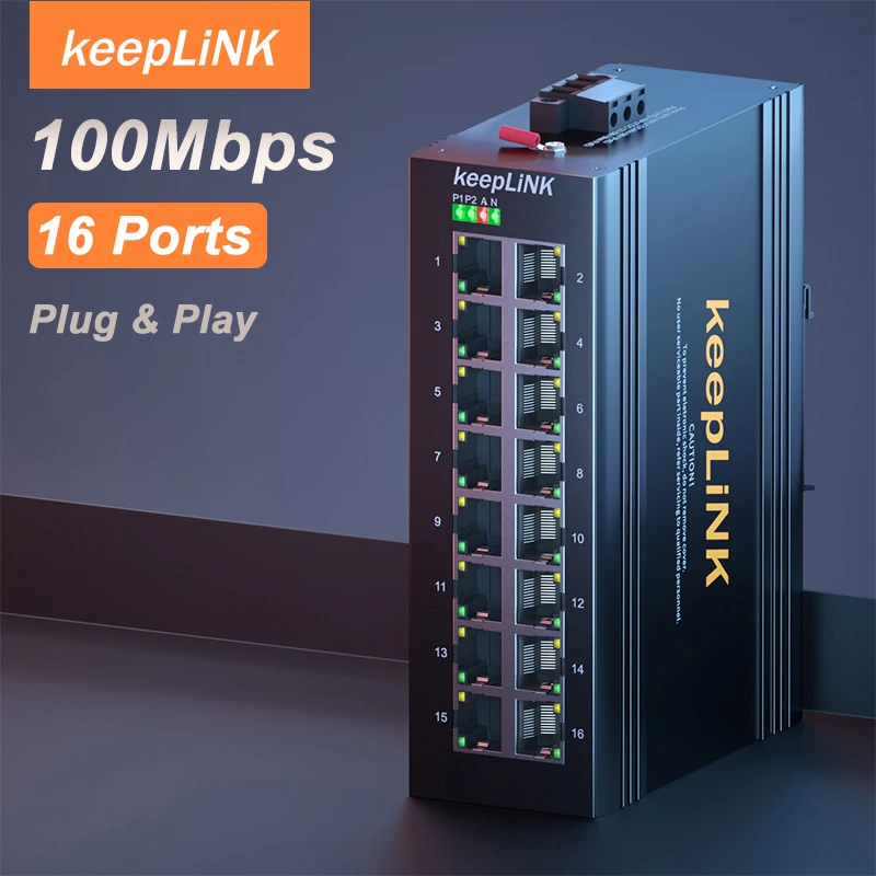KeepLiNK Industrial 16-Port 10/100 Mbps Ethernet Switch | Rugged Metal Housing IP40 | DIN-Rail Mount | Wide Temperature Range