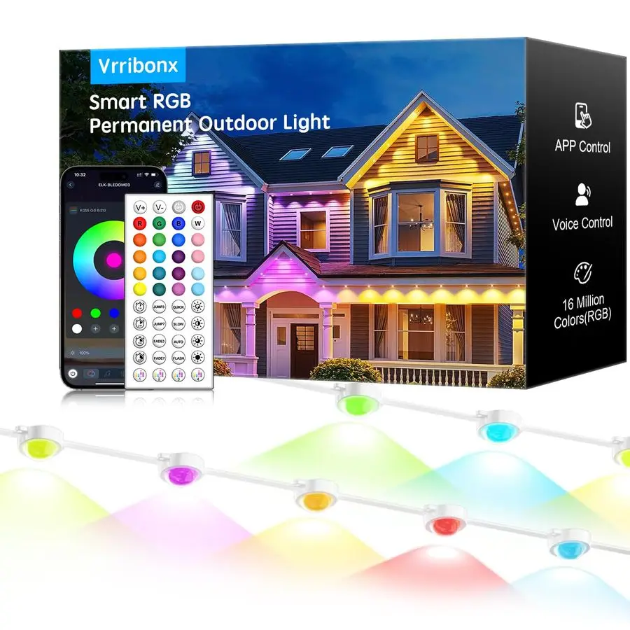 Permanent Outdoor RGB Lights,IP65 Waterproof Smart LED Eaves Lights with App Remote Control,for Christmas and All Holiday Decor,