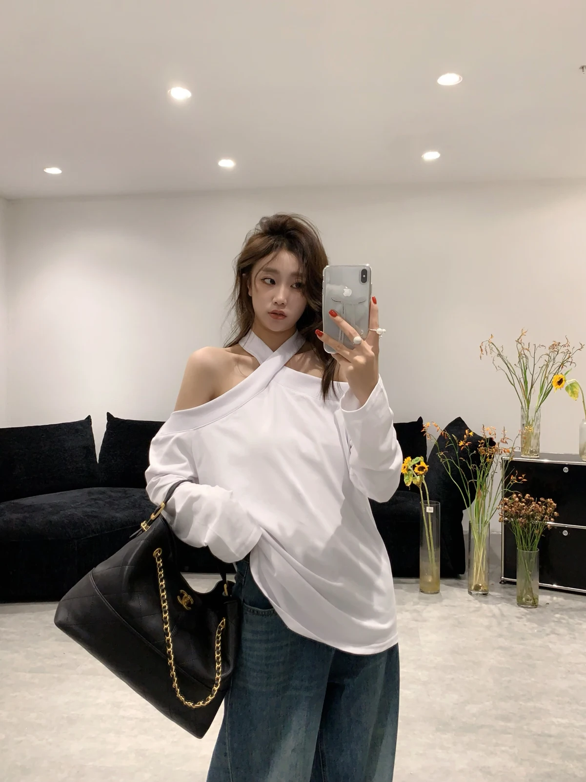 

Long Sleeved T Shirts V Female Womens Summer Cotton Drape Cross Tie Back Elegant Soft Trend Quickdry Ultralight Modern Girl Tees