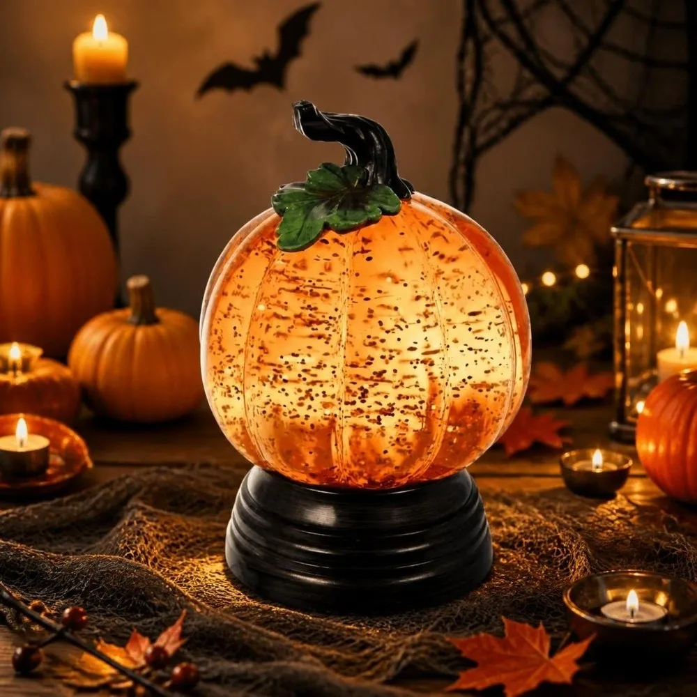 Resin Glitter Pumpkin Table Lamp Retro Warm Light Halloween Night Light Creative Battery-Operated